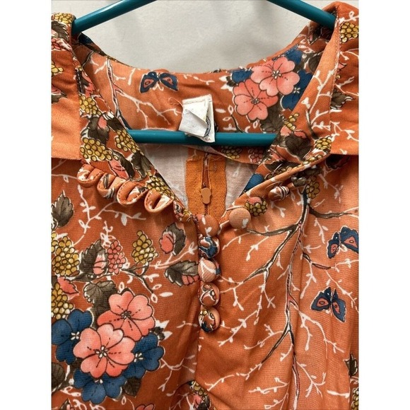 VTG Womens Dress Sz 13 Orange 70s Floral Satin Prom ILGWU Butterfly Print Maxi - Picture 5 of 12
